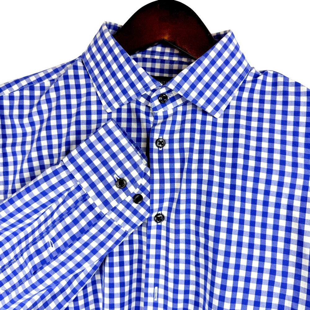 Nordstrom Mens Shop Tech Smart Blue Gingham Extra Trim Fit Dress‎ Shirt 15 1/2